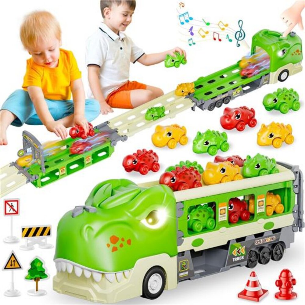 Dinosaur Truck Toys for 2 3 4 5 6 7 Year Boy Toddler, Foldable Track & 2 Player